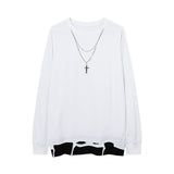 Men Long Sleeve Shirt Fashion Brand Solid Color Make Old Ripped Color Contrast Long Sleeve T-shirt Men's Loose