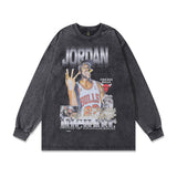 Men Long Sleeve Shirt Portrait Retro Washed Distressed Long Sleeve Bottoming T-shirt for Men and Women