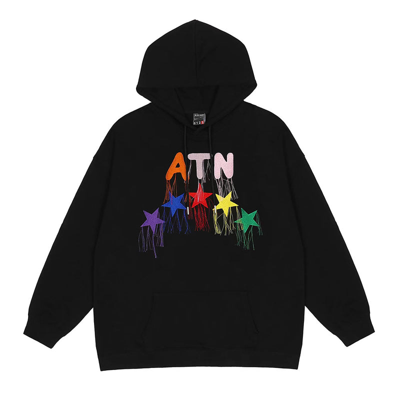 Men Fleece Lined Hoodie High Street Hooded Sweaters Menswear Ins Loose Casual Five-Pointed Star Embroidery