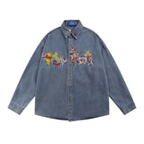 Men Long Sleeved T Shirt Animal Embroidery Denim Shirt Jacket Spring and Autumn Men's Ins Casual Long Sleeve