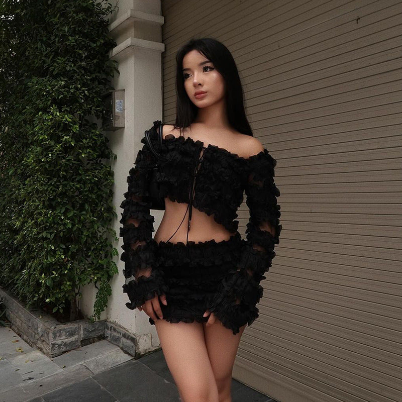 Women Co-Ord Set Midriff-Baring Long Sleeve Top Pure Desire Skirt Outfit Women