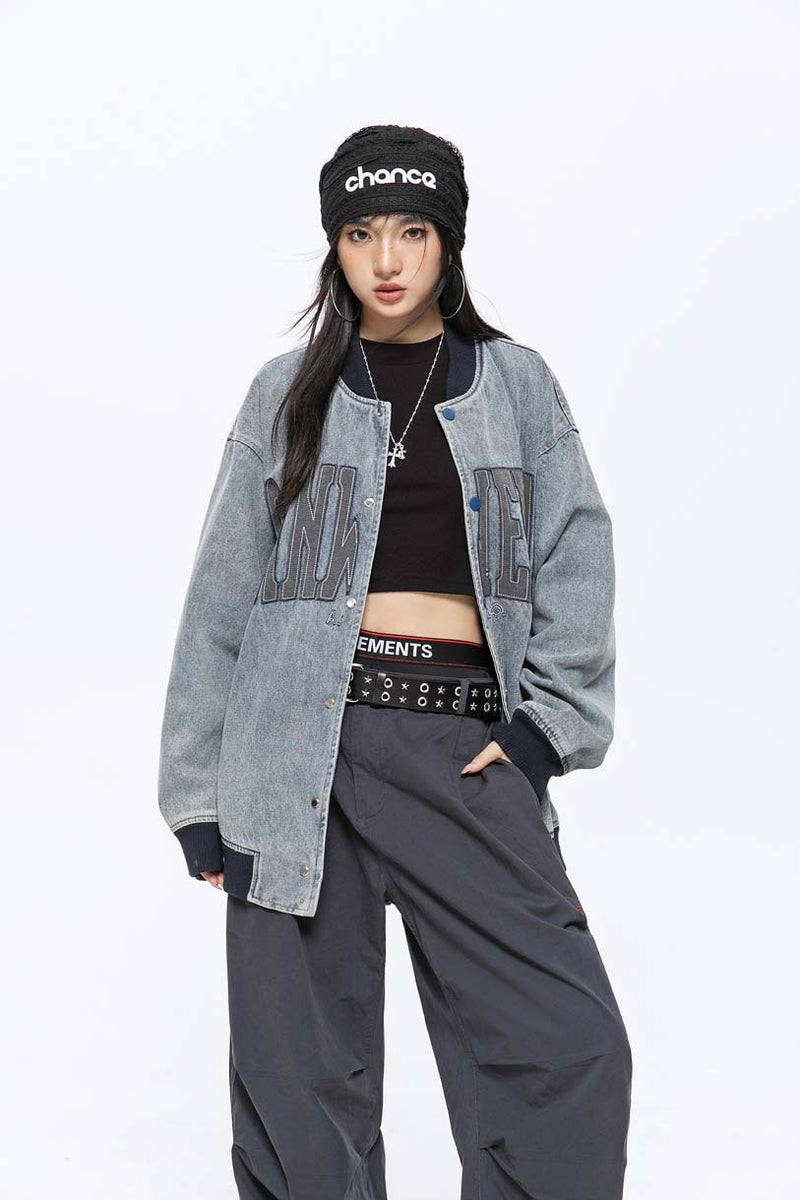 Unisex Jacket Fall Stand Collar Stitching Denim Jacket Women's Clothing