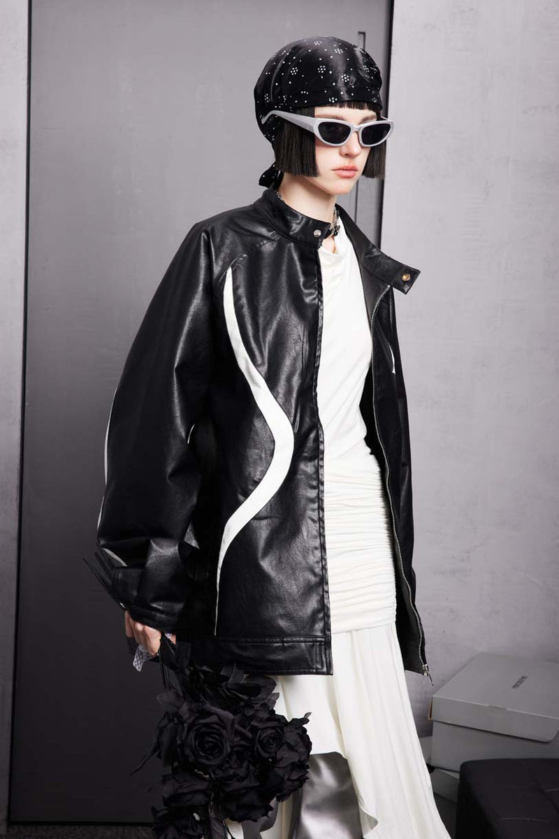 Unisex Jacket Autumn Black and White Color Contrast Patchwork Leather Coat for Women