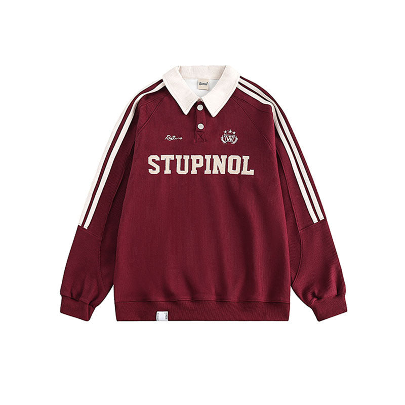 Men Long Sleeve Shirt Hip Hop Retro Polo Lapel Long Sleeve T-shirt Men and Women College Style