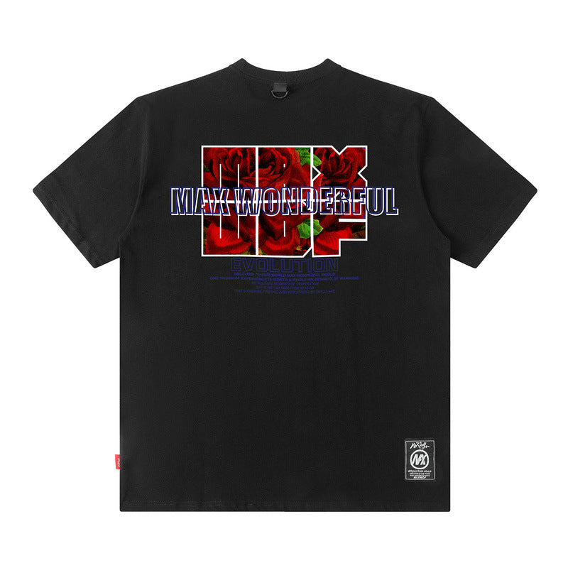 Men T Shirt Rose Print Short Sleeve Loose Fashion Brand Hip Hop Men