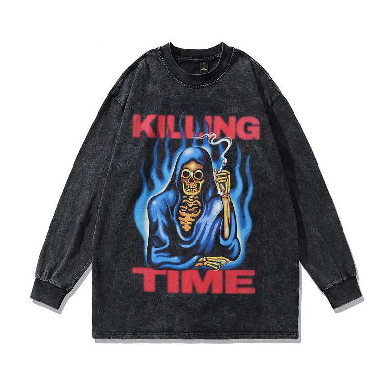 Men Long Sleeve Shirt Fashion Brand Printing Washed and Worn Long Sleeve T-shirt Men and Women Couple