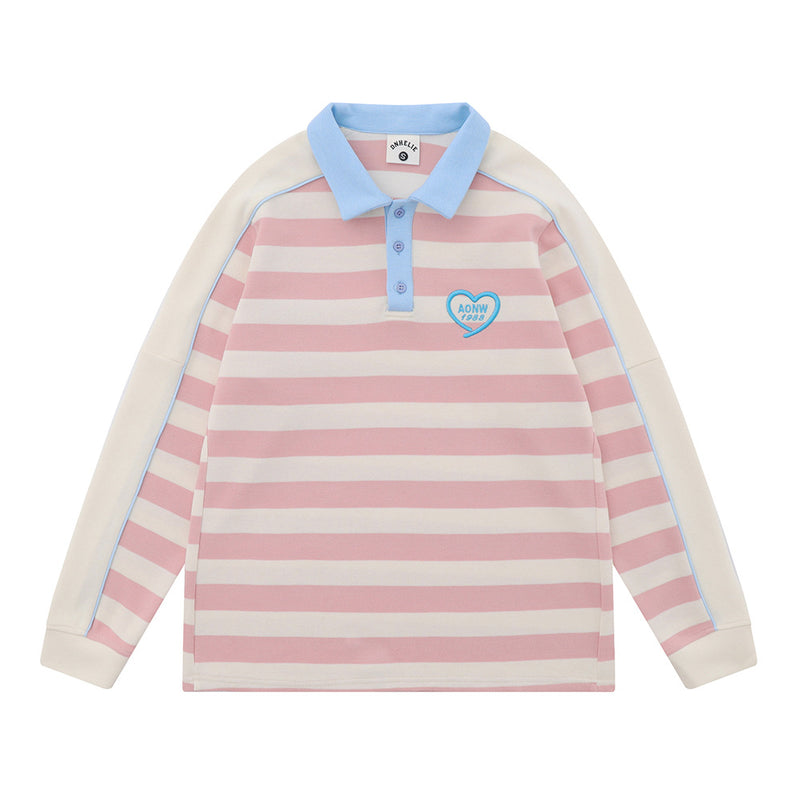 Men Hoodie Striped Stitching Lapel Sweater Loose Contrast Color Polo Shirt Long Sleeve Top
