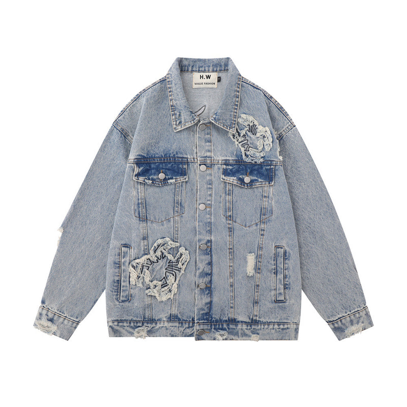 Men Denim Jacket Embroidered Spider Denim Jacket Men Loose Wash Do the Old Cowboy Coat