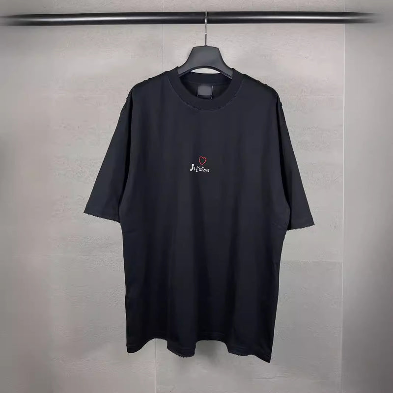 Men T-shirts Qixi Festival Valentine's Day Love Embroidery Washed Abrasion Printed T-Shirt Short Sleeve