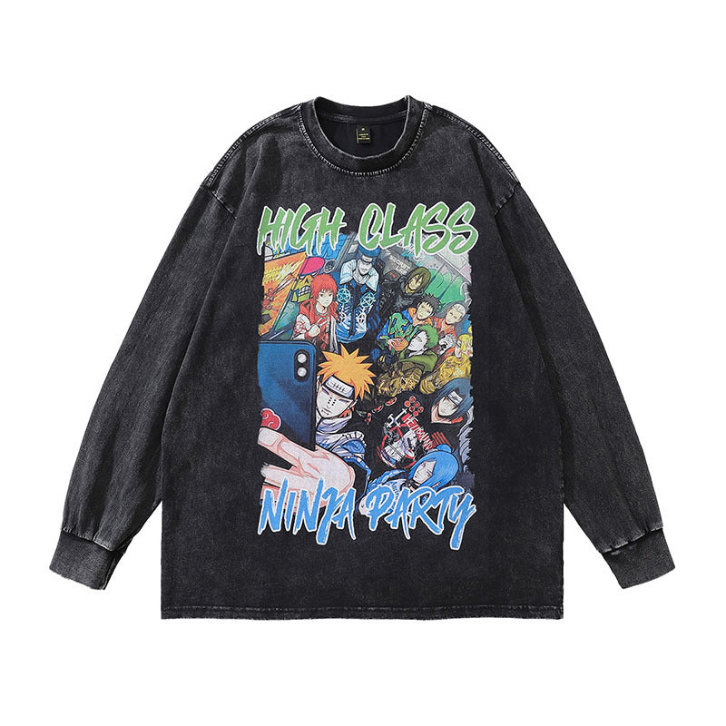 Men Long Sleeve Shirt Cartoon Printed Washed and Worn Long Sleeve T-shirt Men and Women Hip Hop