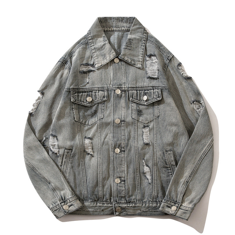 Men Denim Jacket Washed and Worn Denim Jacket Men Baggy Coat