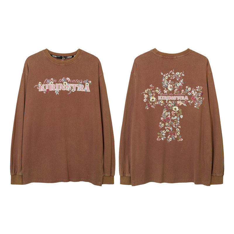 Men Long Sleeve Shirt Distressed Printed Loose Long Sleeves Male Couple Casual T-shirt