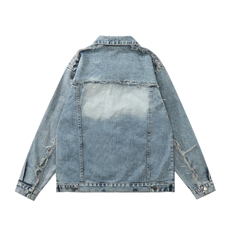 Men Denim Jacket Distressed Stitching Denim Jacket Men's Loose Pu Handsome Wash Jacket