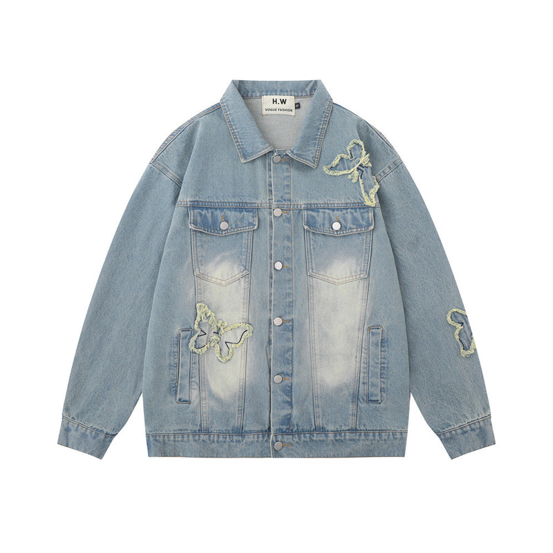 Men Denim Jacket Butterfly Paste Cloth Embroidery Denim Jacket Men's Washed and Worn Coat