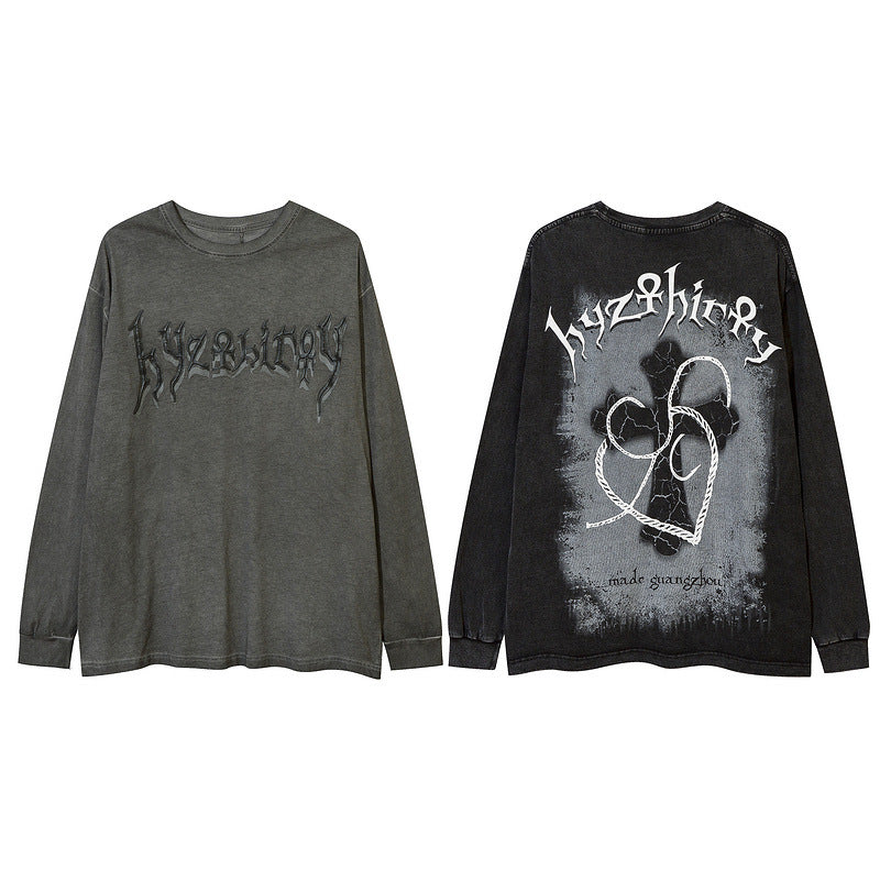 Men Long Sleeve Shirt Dark Graffiti Design Bottoming T-shirt Distressed Loose Long Sleeve Men and Women