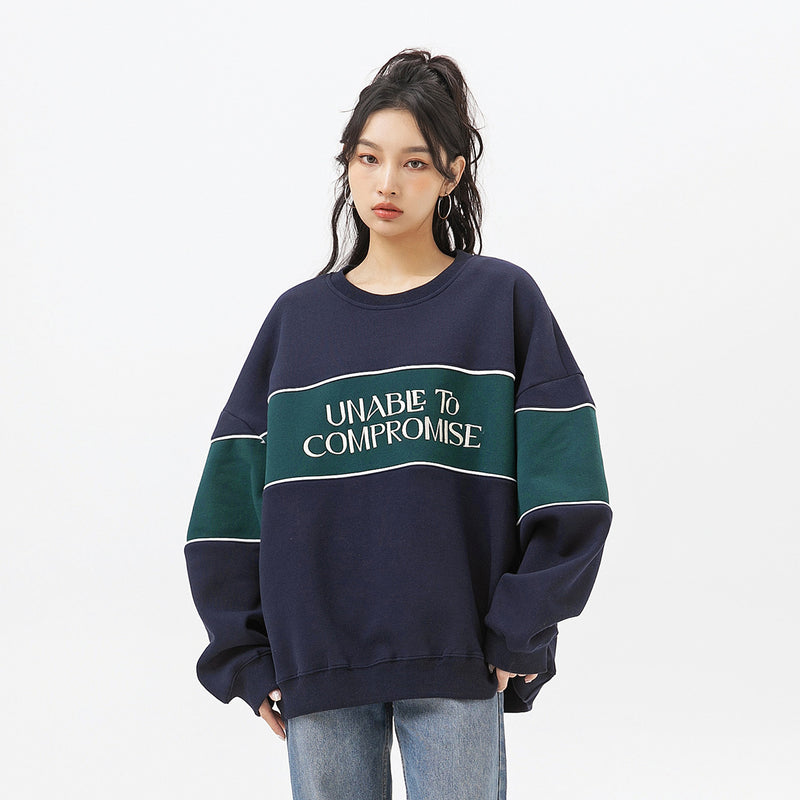Unisex Hoodie Retro Patchwork Contrast Color Loose round Neck Sweater for Men