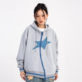 Men Fleece Lined Hoodie Zipper Cardigan Sweater Coat Men's Loose Five-Pointed Star Embroidered Hoodie