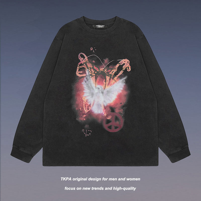 Men Long Sleeve Shirt Retro Dark Printed Washed Bottoming Long Sleeve T-shirt Oversize Men and Women