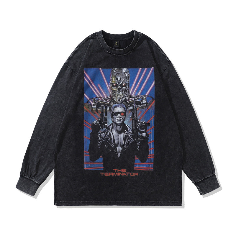 Men Long Sleeve Shirt High Street Vintage Poster Print Worn Looking Washed-out Long Sleeve T-shirt Men and Women Hip Hop