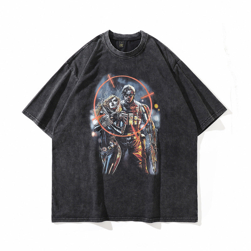 Men T Shirt Retro Style Personality Printed Short-Sleeved T-shirt Men and Women Couple Loose