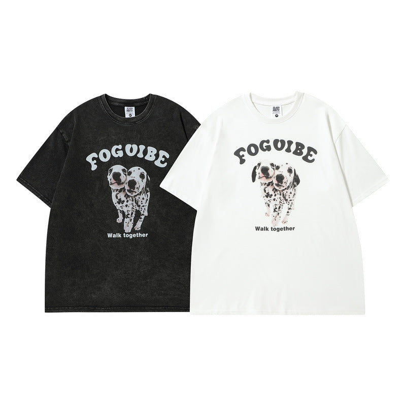 Men T Shirt Vintage Printed Washed Distressed Couple Short Sleeve T-shirt