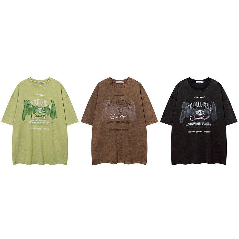 Men T Shirt Washed and Worn Short-Sleeved T-shirt Men and Women Street National Fashion Brand