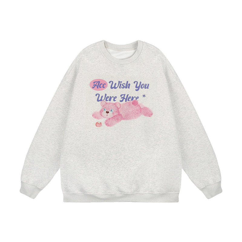Men Hoodie Autumn and Winter round Neck Sweater Bear Printed Casual Long Sleeve Pullover Loose