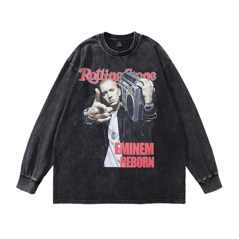 Men Long Sleeve Shirt Hip Hop Vintage Amu Portrait Washed Long Sleeve T-shirt Men and Women Loose