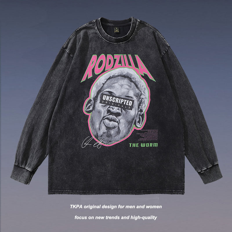 Men Long Sleeve Shirt Rodman Printed Washed Long Sleeve T-shirt Boy's Undershirt