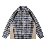 Men Long Sleeved T Shirt Plaid Stitching Jacket Shirt Men Spring and Autumn Loose Lapels Long Sleeve Shirt Coat