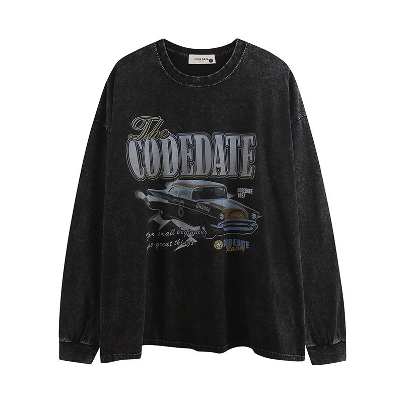Men Long Sleeve Shirt Washed and Worn Long Sleeve T-shirt Men and Women Hiphop Retro Loose