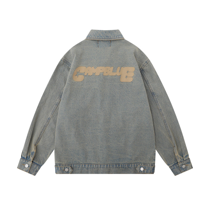 Men Denim Jacket Letter Patterned Denim Jacket Men's Autumn and Winter Clothing Loose All-Matching Washed and Worn