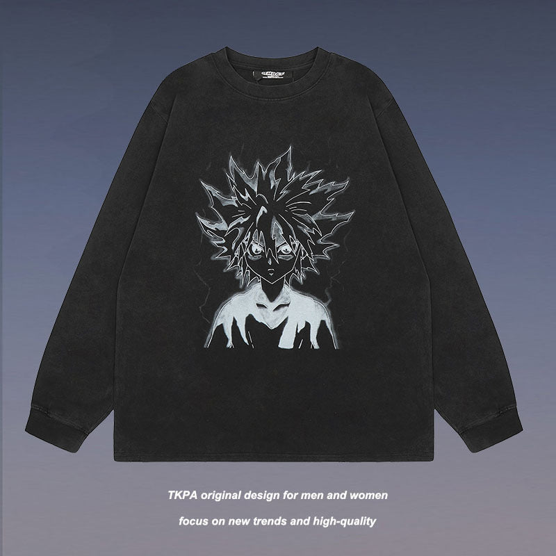 Men Long Sleeve Shirt Cartoon Long Sleeve T-shirt Men's and Women's Ins Distressed Bottoming Top