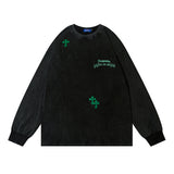 Men Long Sleeve Shirt Autumn Retro Alphabet Embroidered Distressed Long Sleeve T-shirt Men
