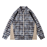 Men Long Sleeved T Shirt Plaid Stitching Jacket Shirt Men Spring and Autumn Loose Lapels Long Sleeve Shirt Coat