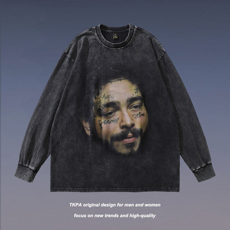 Men Long Sleeve Shirt Vintage Portrait Printing Long Sleeve T-shirt Washed and Worn Men and Women Autumn