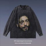 Men Long Sleeve Shirt Vintage Portrait Printing Long Sleeve T-shirt Washed and Worn Men and Women Autumn