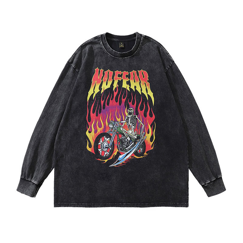 Men Long Sleeve Shirt Skull Print Washed Long Sleeve T-shirt for Men and Women