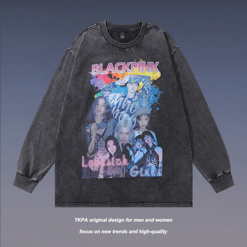Men Long Sleeve Shirt Women's Team Portrait Printing Distressed Long Sleeve T-shirt Men and Women Retro