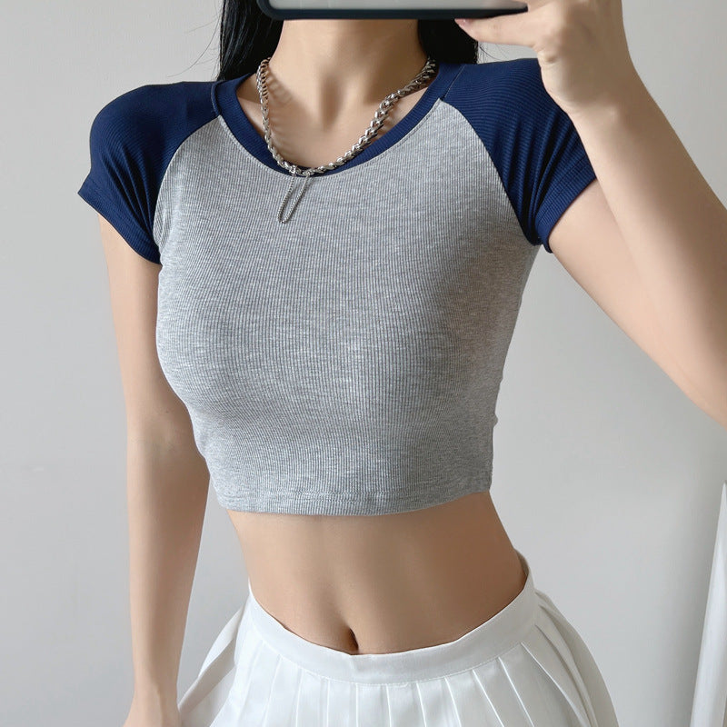 Women T-Shirt Contrast Color Short-Sleeved T-shirt Women's Summer round Neck