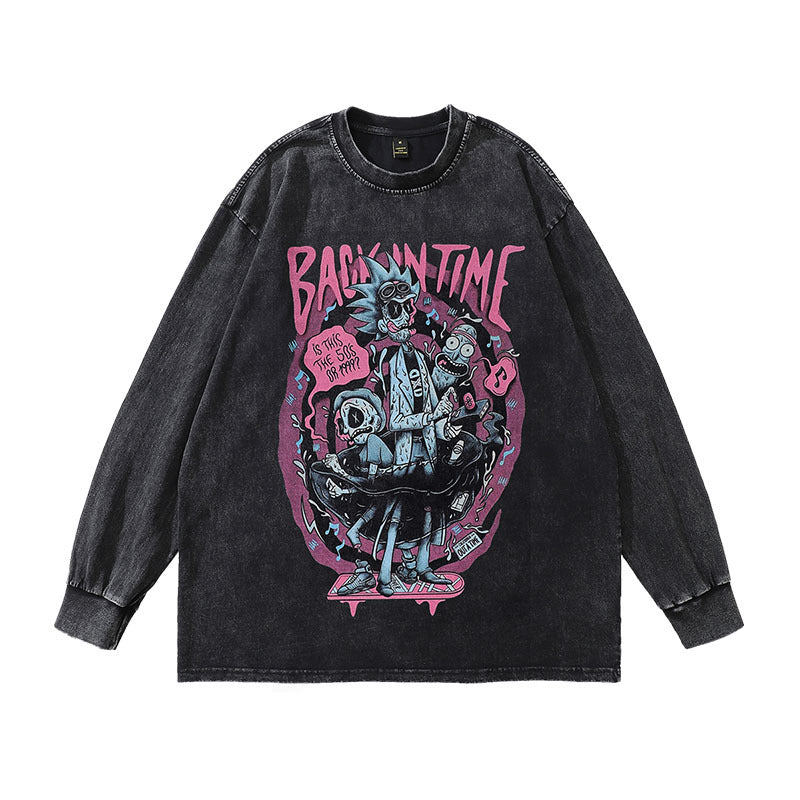 Men Long Sleeve Shirt Cartoon Printed Washed and Worn Long Sleeve T-shirt for Men and Women