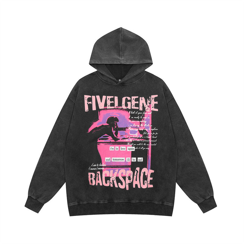 Men Hoodie Character Printed Washed Distressed Hooded Sweater Retro Casual Loose Long Sleeve Hoodie