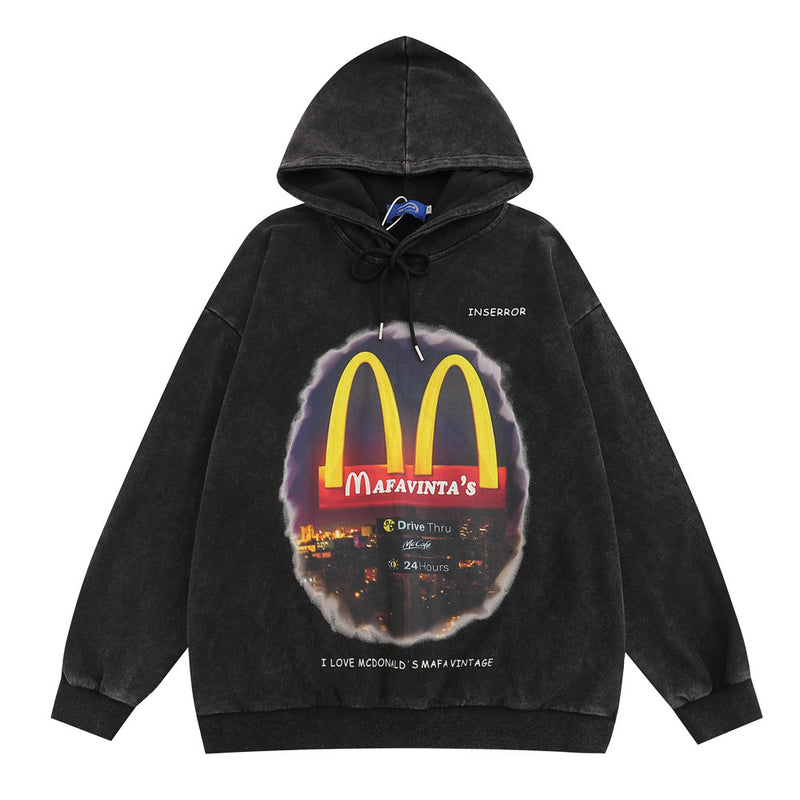Men Hoodie Letter Hooded Sweater Men's Washed and Worn Long Sleeve Loose Sports