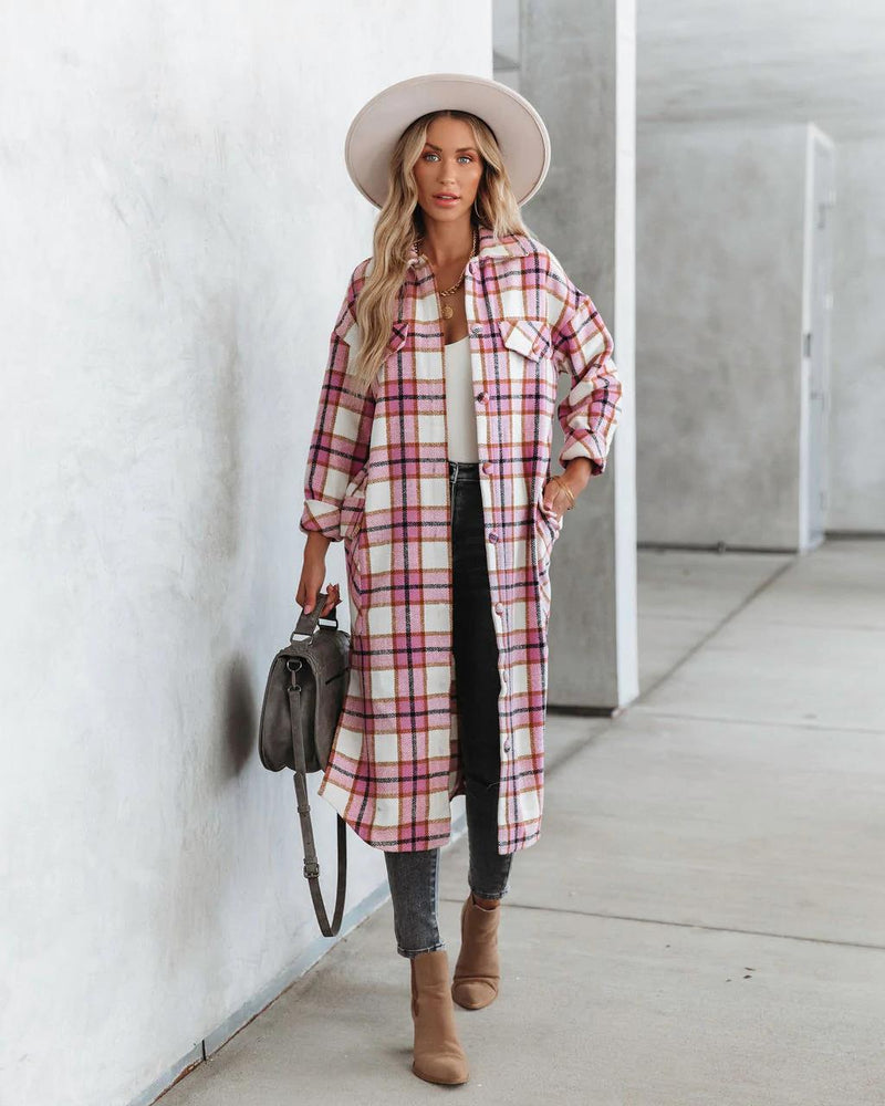 Plaid Trench Coat Spring and Autumn Women's Long Sleeve Plaid Printed