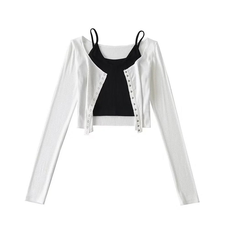 Women T-shirt Fall V-neck Slim Fit Short Small Sling Cardigan Suit