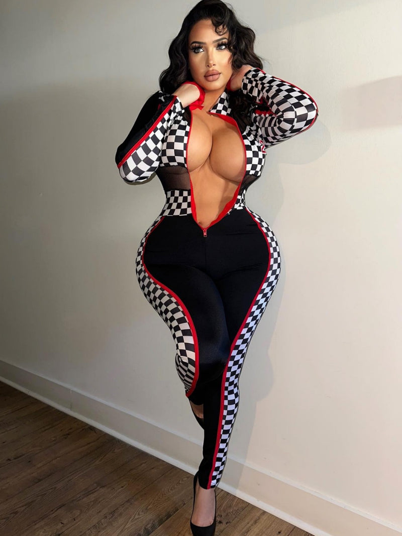 Women Jumpsuit Skinny Mesh Stitching Long Sleeve Jumpsuit