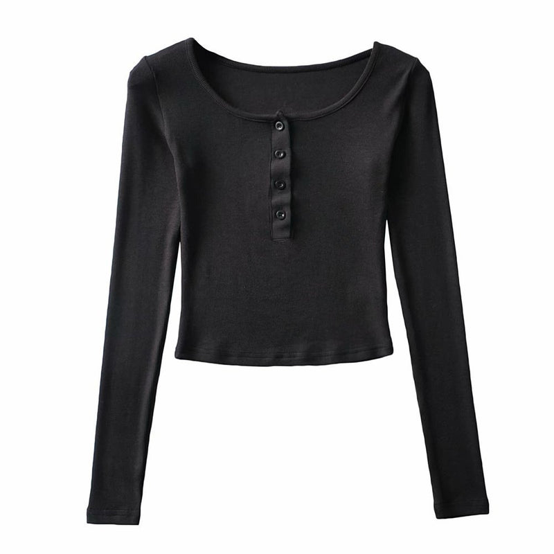 Women T-Shirt Button round Neck Long Sleeve T-shirt Women's Short