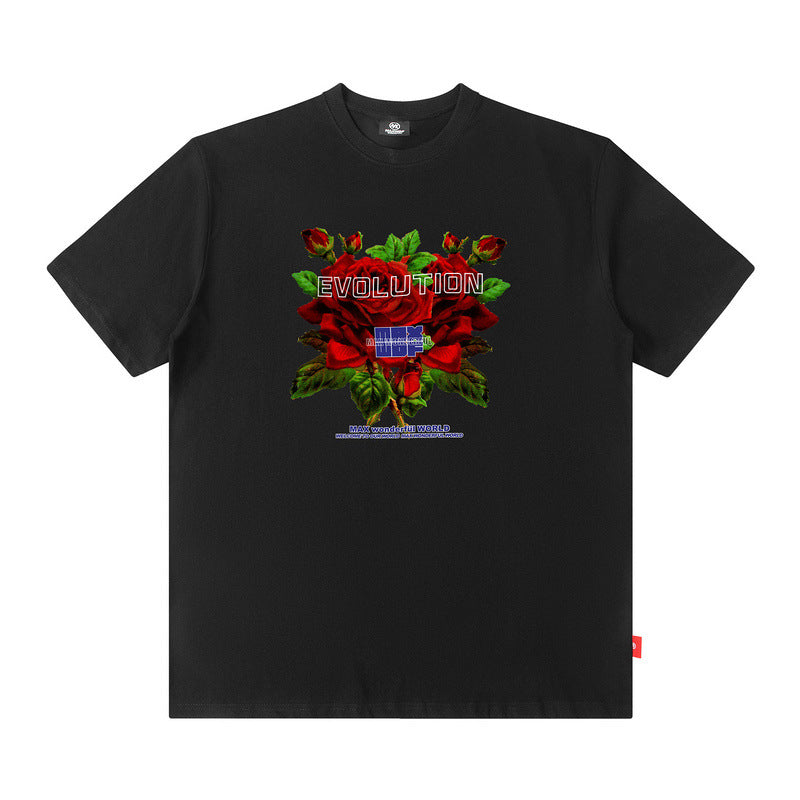 Men T Shirt Rose Print Short Sleeve Loose Fashion Brand Hip Hop Men