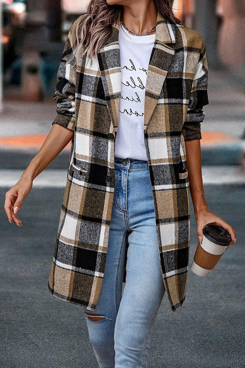 Plaid Trench Coat Women's Lapel Pocket Plaid