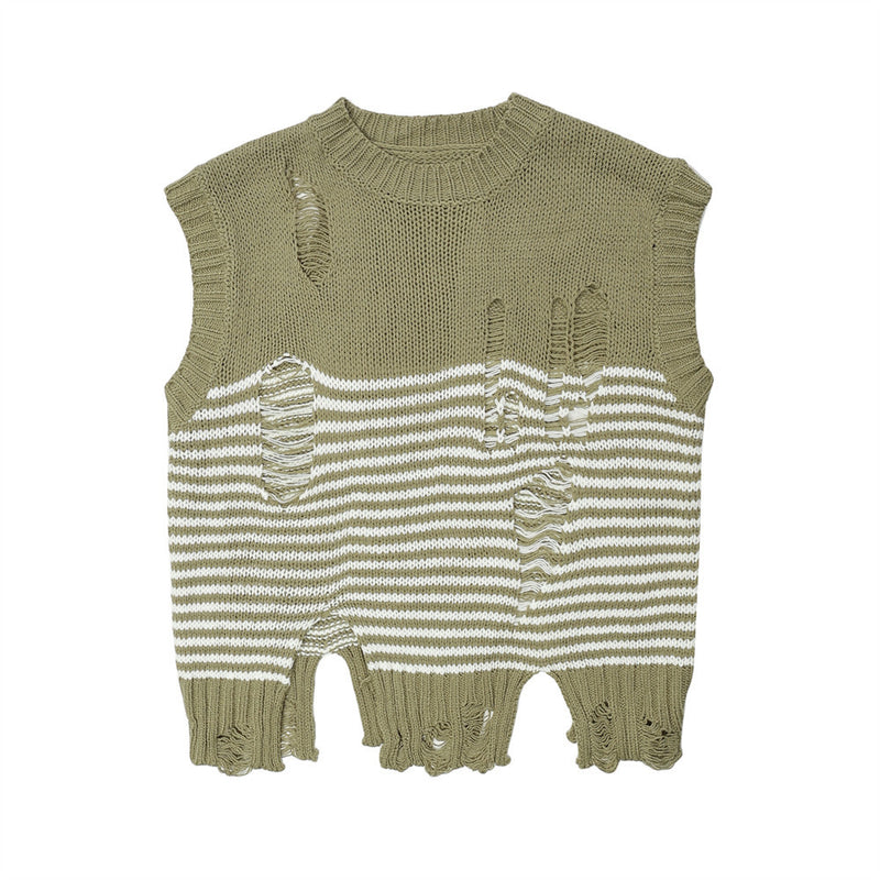 Women Vest Ripped Striped Knitted Vest for Girls Short Summer Sleeveless